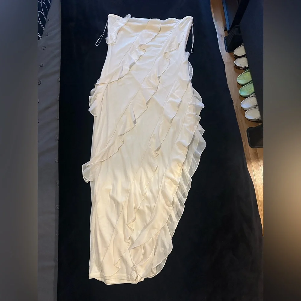 Fashion Nova Cream Asymmetrical Ruffle Dress - Picture 1 of 5